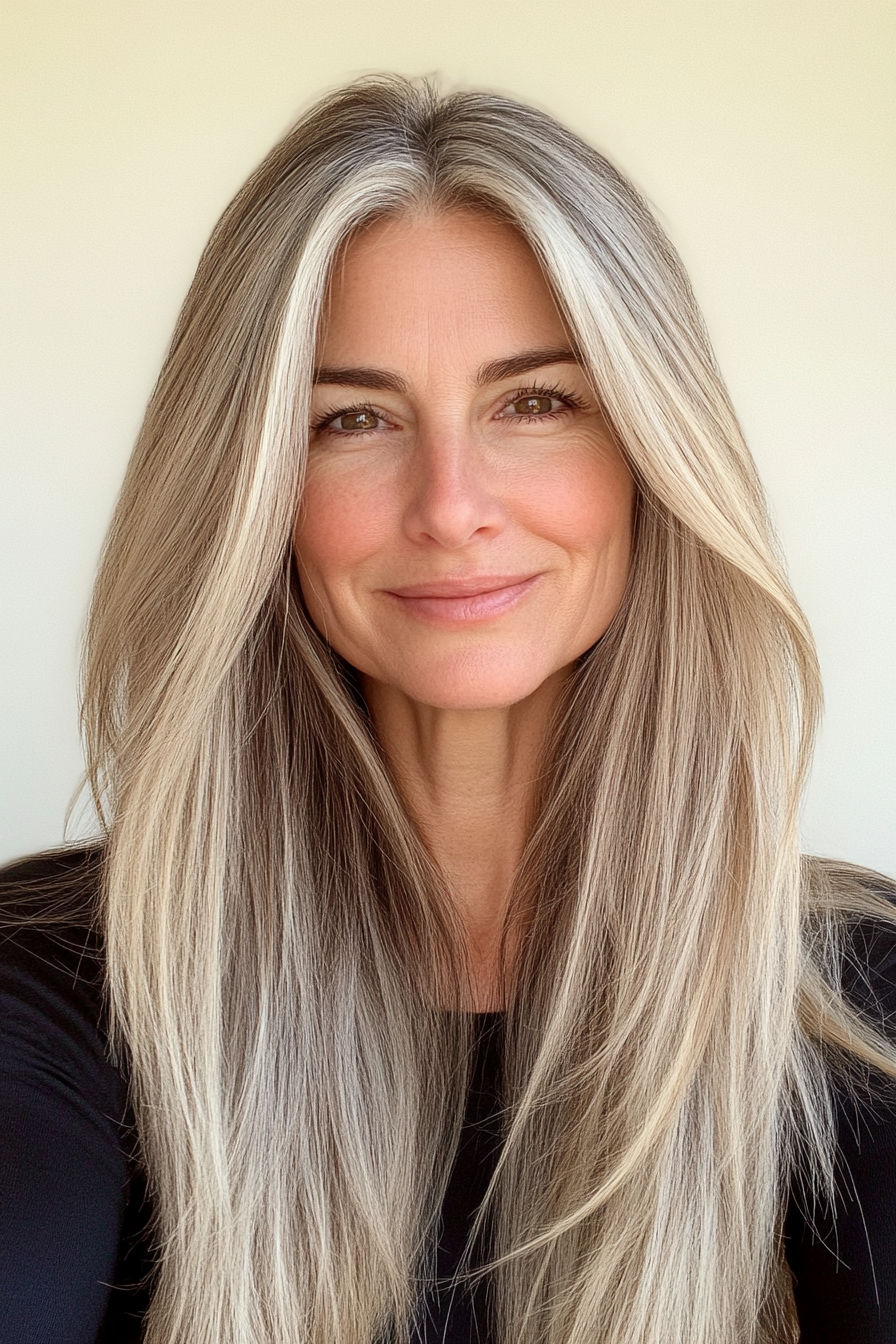 26. Modern Straight Cut with Wispy Ends in Ash Blonde (Long Haircuts For Women Over 50) - Long Haircuts For Women Over 50