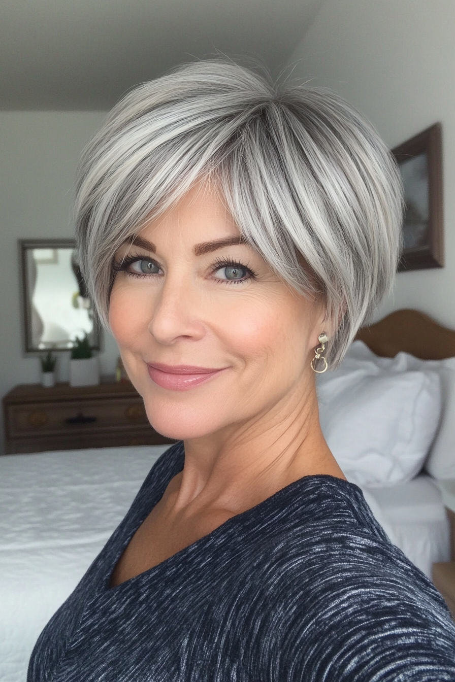 5. Side-Swept Layered Pixie in Natural Gray (Hairstyles For Women Over 50 With Fine Hair) - Hairstyles For Women Over 50 With Fine Hair
