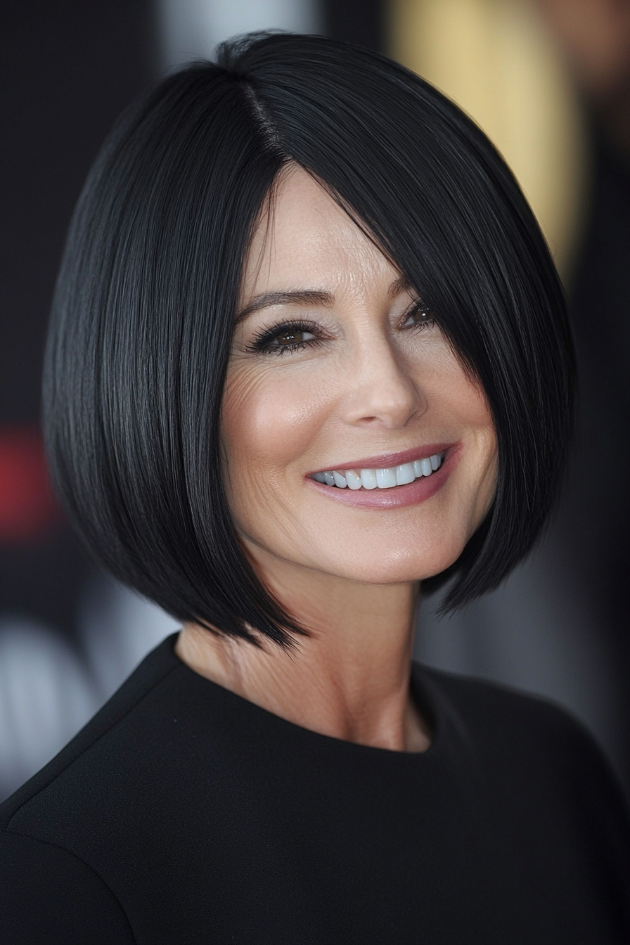 8. Blunt Bob with Side Part in Soft Black (Hairstyles For Women Over 50 With Fine Hair) - Hairstyles For Women Over 50 With Fine Hair