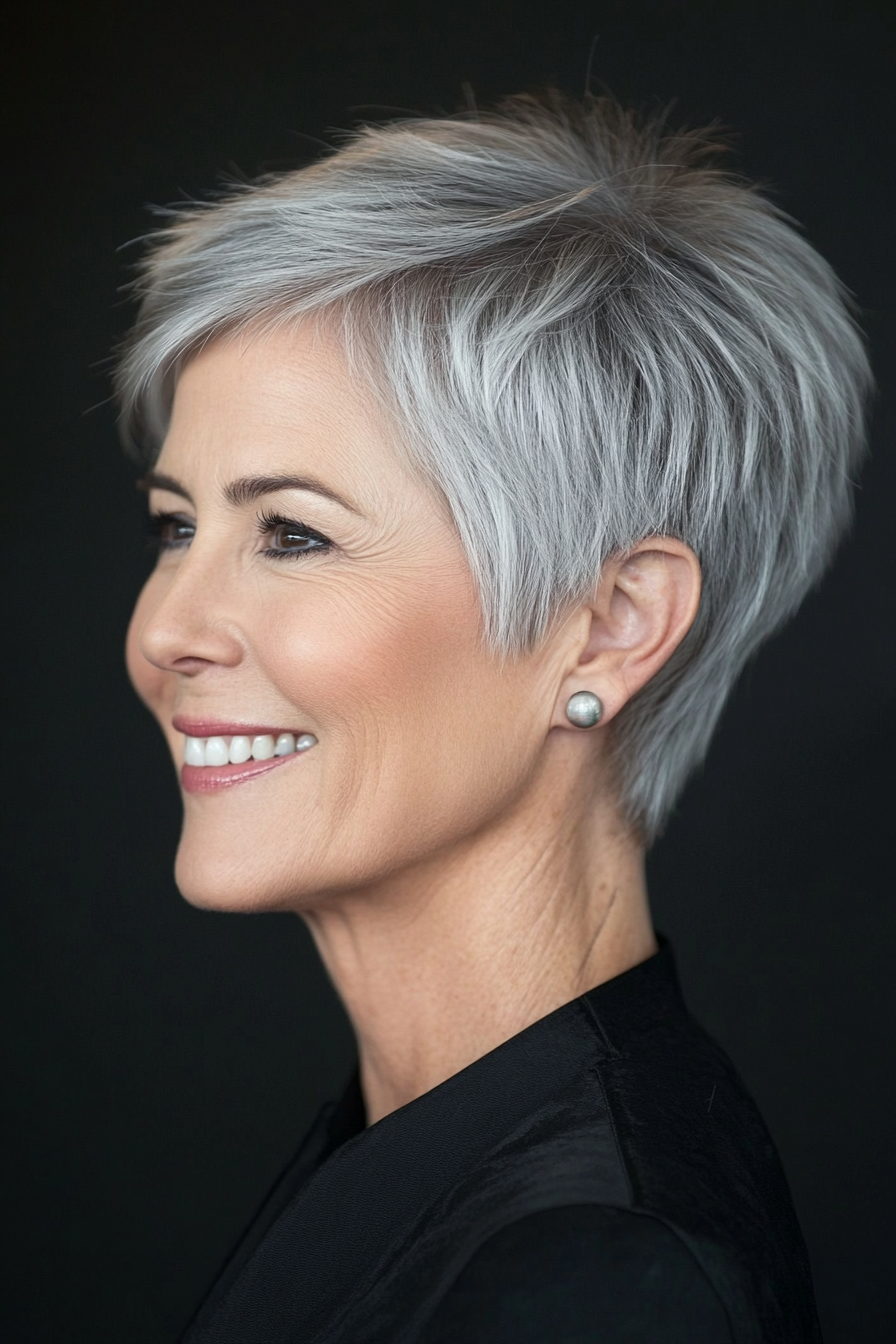 10. Pixie with Tapered Sides in Salt and Pepper (Hairstyles For Women Over 50 With Fine Hair) - Hairstyles For Women Over 50 With Fine Hair