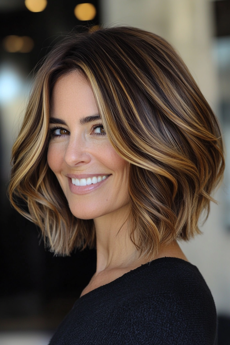 12. Angled Bob with Soft Waves in Caramel Brown (Hairstyles For Women Over 50 With Fine Hair) - Hairstyles For Women Over 50 With Fine Hair