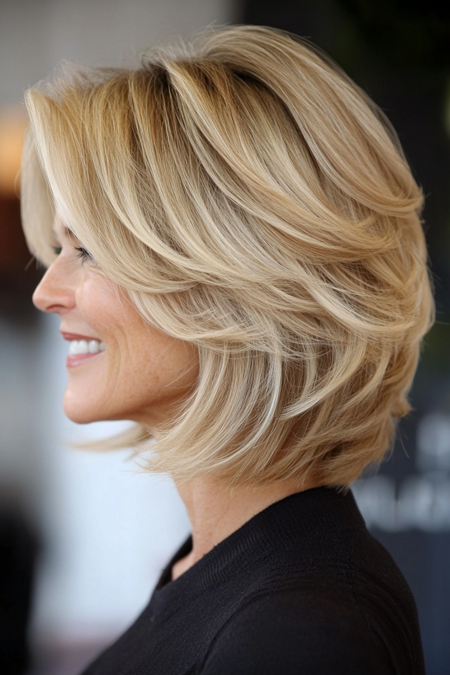15. Flipped-Out Layered Bob in Sandy Blonde (Hairstyles For Women Over 50 With Fine Hair) - Hairstyles For Women Over 50 With Fine Hair