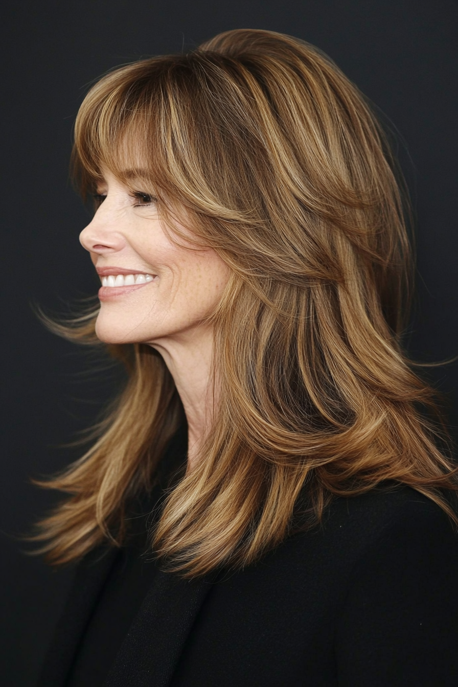 16. Soft Curtain Bangs with Long Layers in Warm Brunette (Hairstyles For Women Over 50 With Fine Hair) - Hairstyles For Women Over 50 With Fine Hair