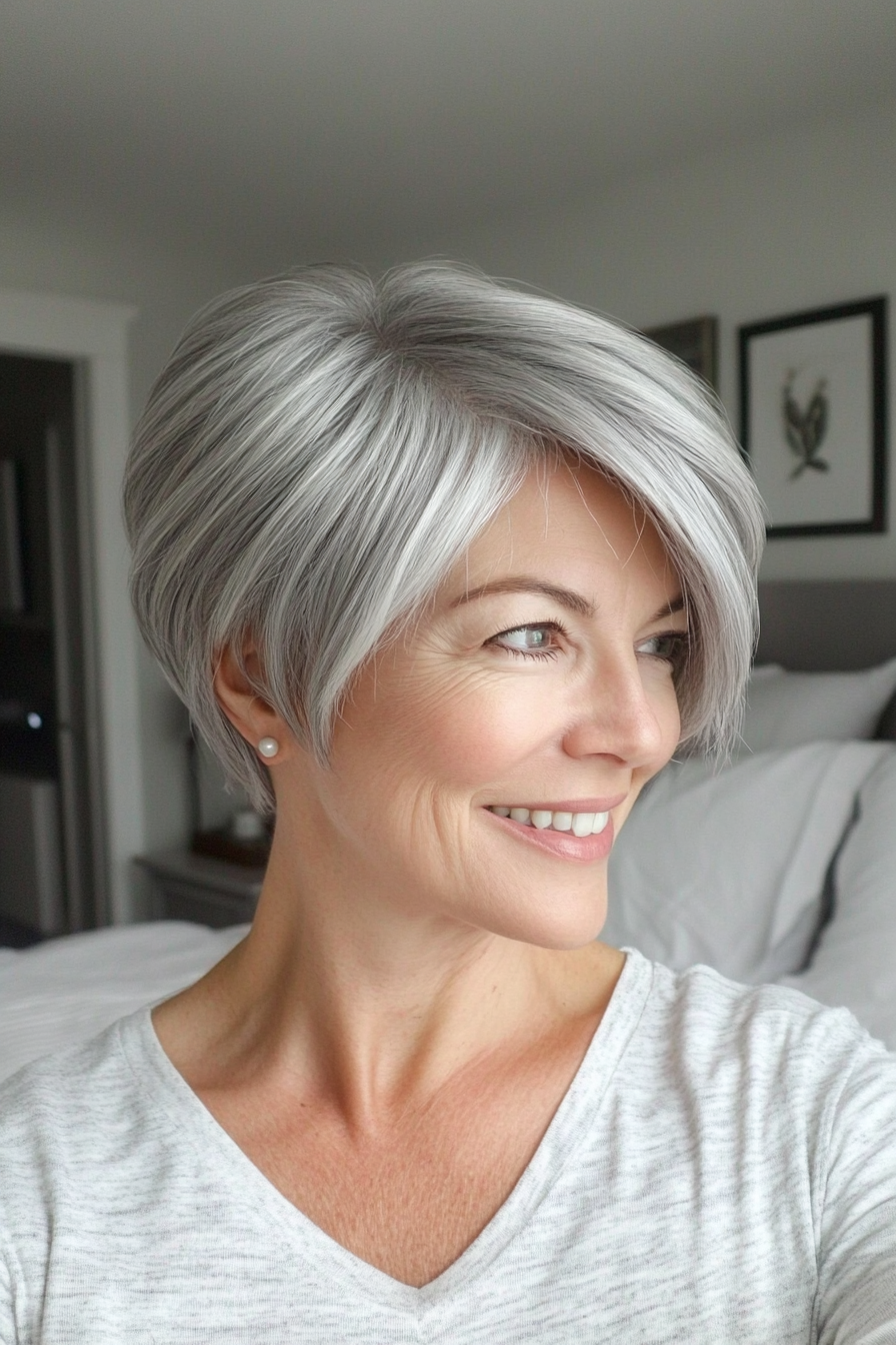18. Modern Rounded Pixie in Pearl Gray (Hairstyles For Women Over 50 With Fine Hair) - Hairstyles For Women Over 50 With Fine Hair