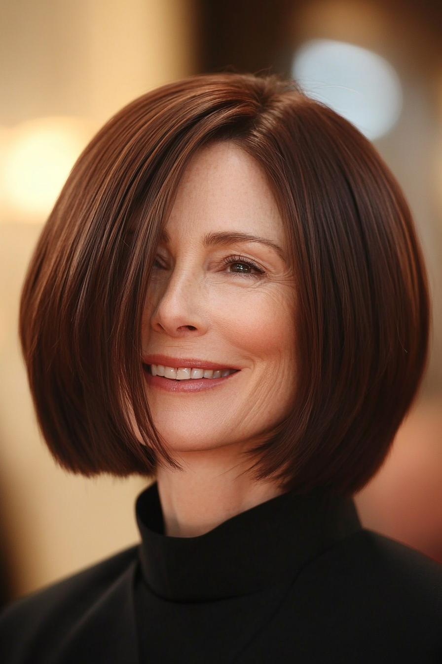 19. Classic Shoulder-Length Cut in Deep Mahogany (Hairstyles For Women Over 50 With Fine Hair) - Hairstyles For Women Over 50 With Fine Hair