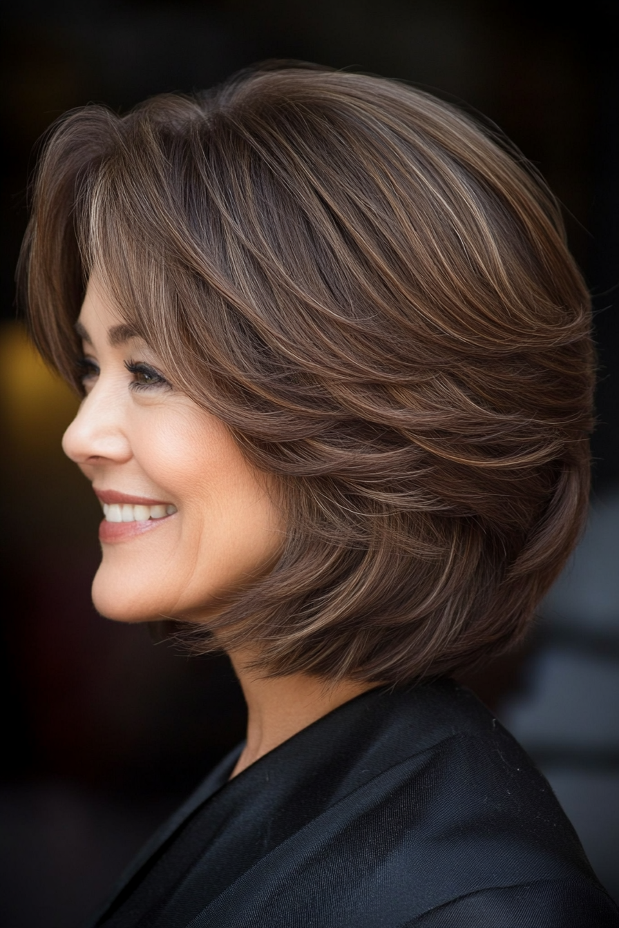 21. Stacked Bob with Volume in Mocha Brown (Hairstyles For Women Over 50 With Fine Hair) - Hairstyles For Women Over 50 With Fine Hair