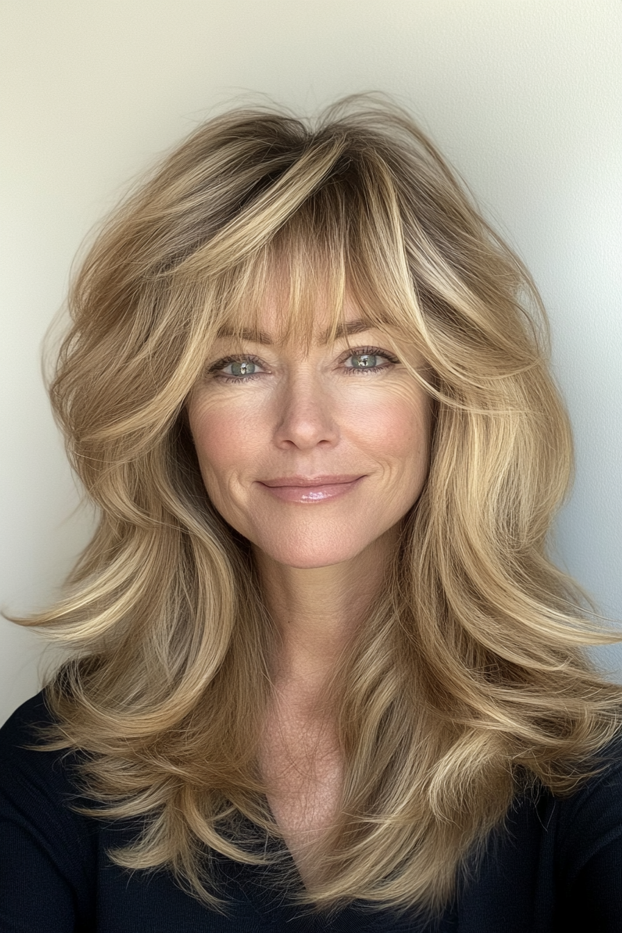 22. Long Shag with Wispy Bangs in Golden Blonde (Hairstyles For Women Over 50 With Fine Hair) - Hairstyles For Women Over 50 With Fine Hair