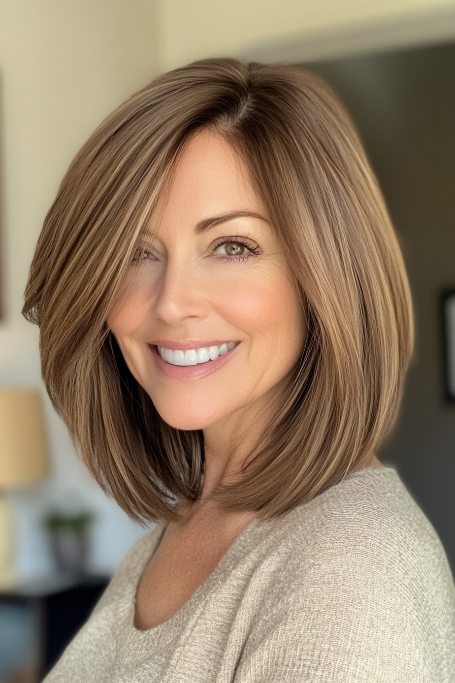 23. Sleek Mid-Length Cut in Warm Honey Brown (Hairstyles For Women Over 50 With Fine Hair) - Hairstyles For Women Over 50 With Fine Hair