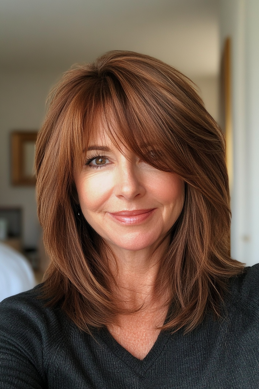 25. Layered Crop with Side Bangs in Cinnamon Brown (Hairstyles For Women Over 50 With Fine Hair) - Hairstyles For Women Over 50 With Fine Hair