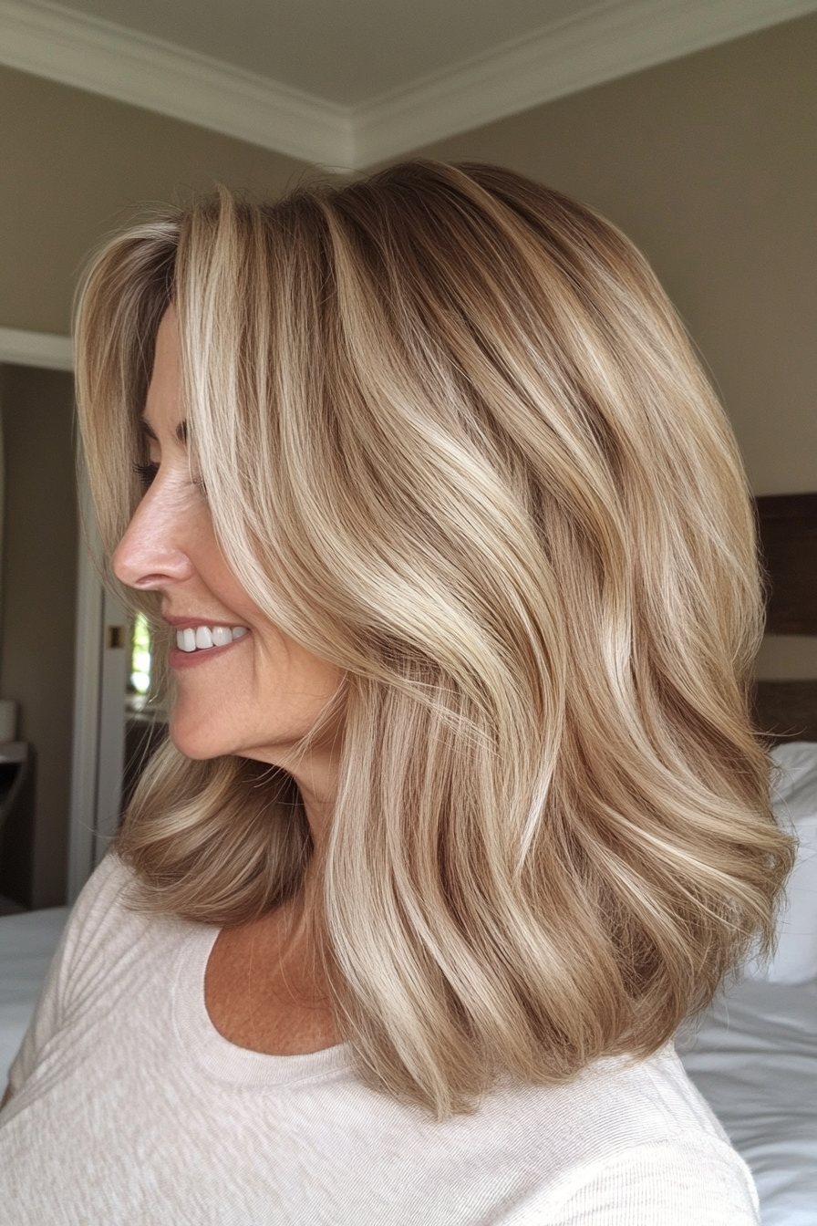 2. Wavy Lob with Face-Framing Layers in Honey Blonde (Medium Length Hairstyles For Older Women) - Medium Length Hairstyles For Older Women
