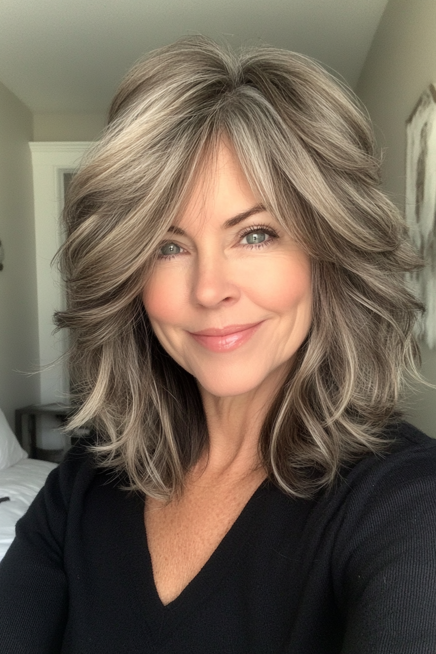 3. Textured Shag Cut with Wispy Bangs in Ash Brown (Medium Length Hairstyles For Older Women) - Medium Length Hairstyles For Older Women