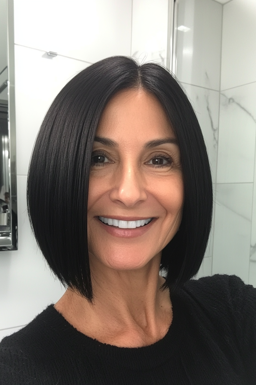 4. Sleek Blunt Cut with Middle Part in Natural Black (Medium Length Hairstyles For Older Women) - Medium Length Hairstyles For Older Women