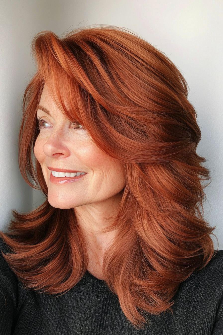 5. Layered Cut with Side-Swept Bangs in Dark Auburn (Medium Length Hairstyles For Older Women) - Medium Length Hairstyles For Older Women