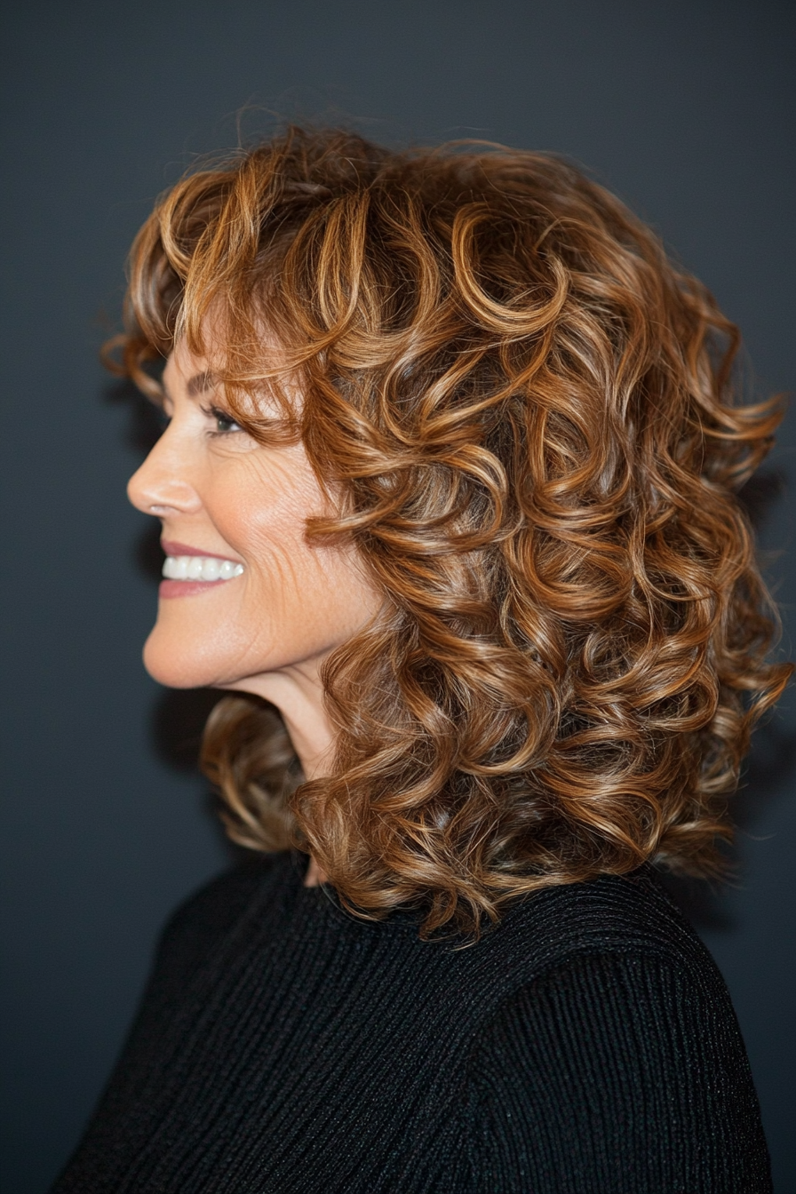 6. Curly Shoulder-Length Cut with Highlights in Caramel Brown (Medium Length Hairstyles For Older Women) - Medium Length Hairstyles For Older Women