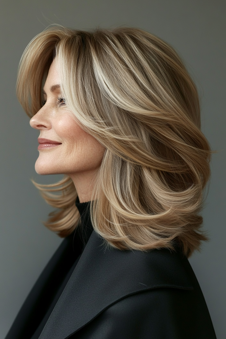 7. Feathered Layers with Curtain Bangs in Sandy Blonde (Medium Length Hairstyles For Older Women) - Medium Length Hairstyles For Older Women