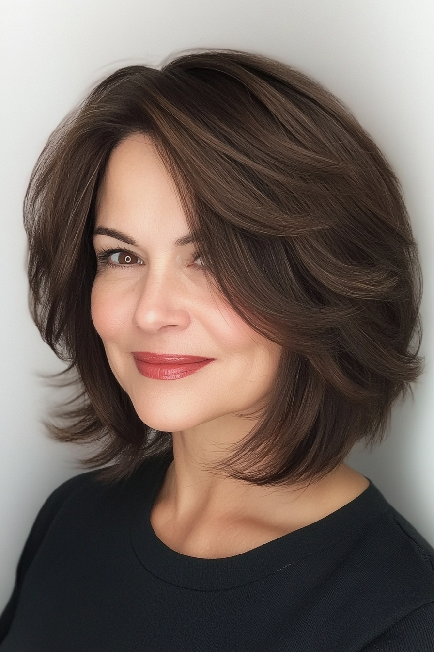 8. Inverted Bob with Stacked Layers in Chocolate Brown (Medium Length Hairstyles For Older Women) - Medium Length Hairstyles For Older Women