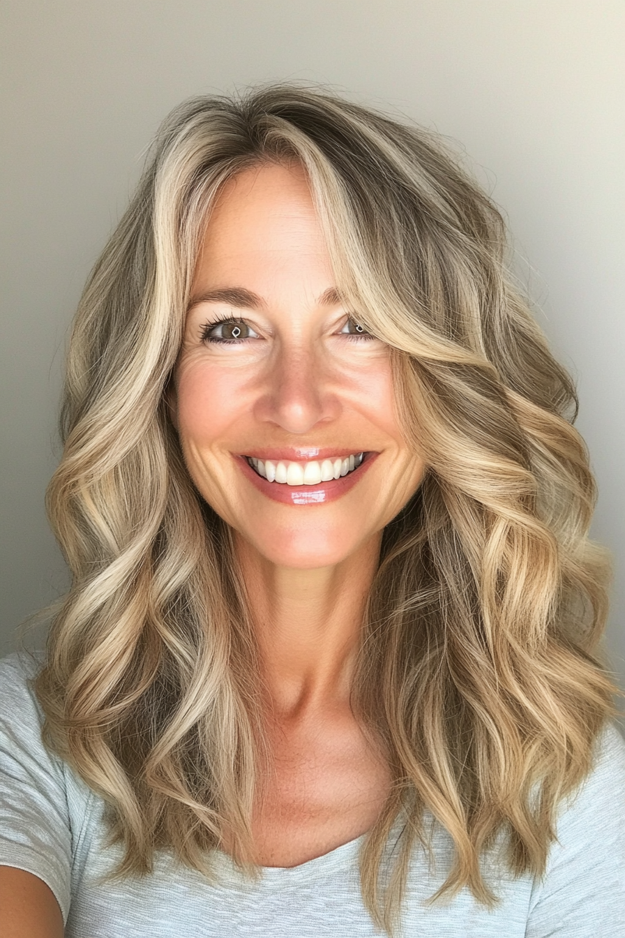 9. Tousled Waves with Long Layers in Golden Blonde (Medium Length Hairstyles For Older Women) - Medium Length Hairstyles For Older Women