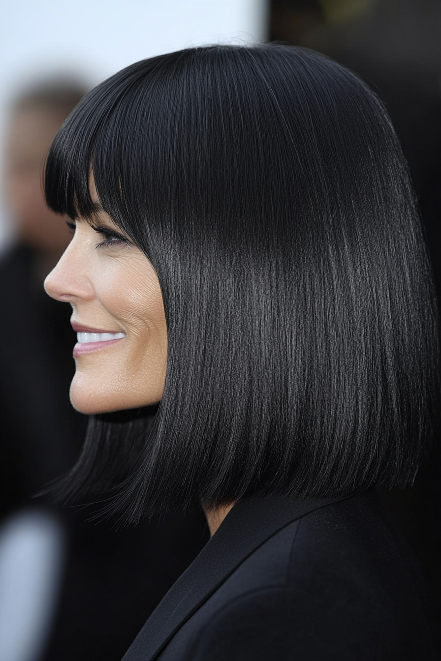 10. Straight Cut with Blunt Bangs in Jet Black (Medium Length Hairstyles For Older Women) - Medium Length Hairstyles For Older Women