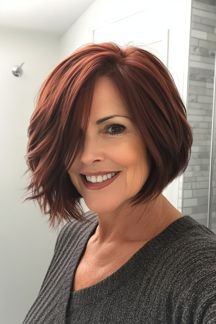 12. Choppy Bob with Side Part in Mahogany Brown (Medium Length Hairstyles For Older Women) - Medium Length Hairstyles For Older Women