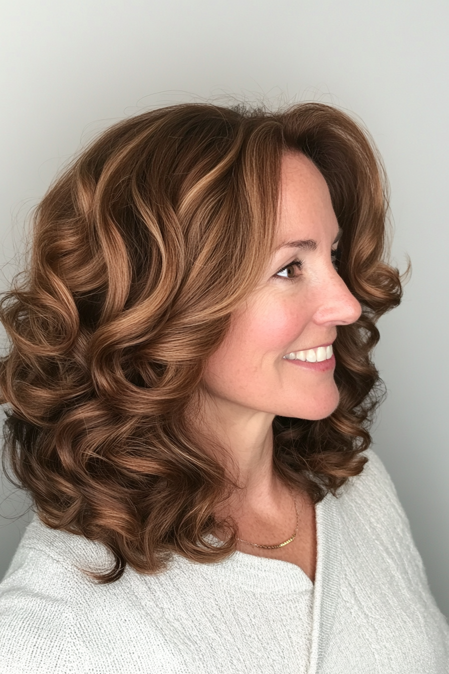 14. Voluminous Curls with Tapered Ends in Warm Brown (Medium Length Hairstyles For Older Women) - Medium Length Hairstyles For Older Women