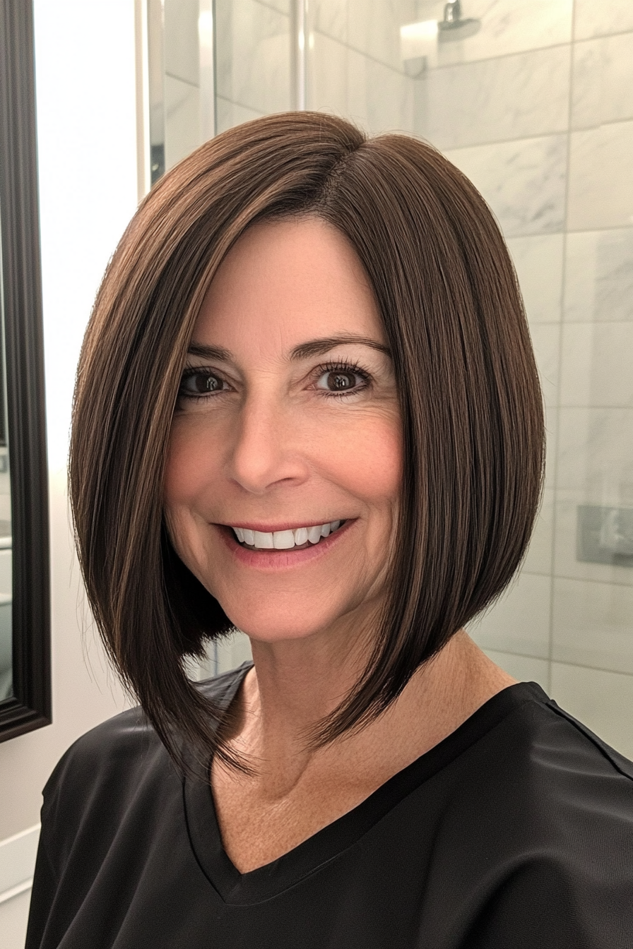 15. Asymmetrical Bob with Deep Side Part in Rich Brunette (Medium Length Hairstyles For Older Women) - Medium Length Hairstyles For Older Women