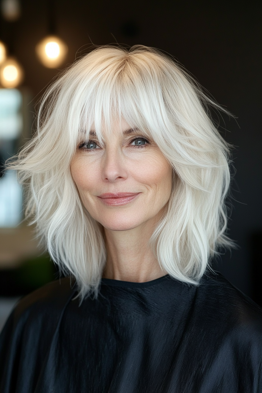 16. Shaggy Layers with Fringe in Platinum Blonde (Medium Length Hairstyles For Older Women) - Medium Length Hairstyles For Older Women