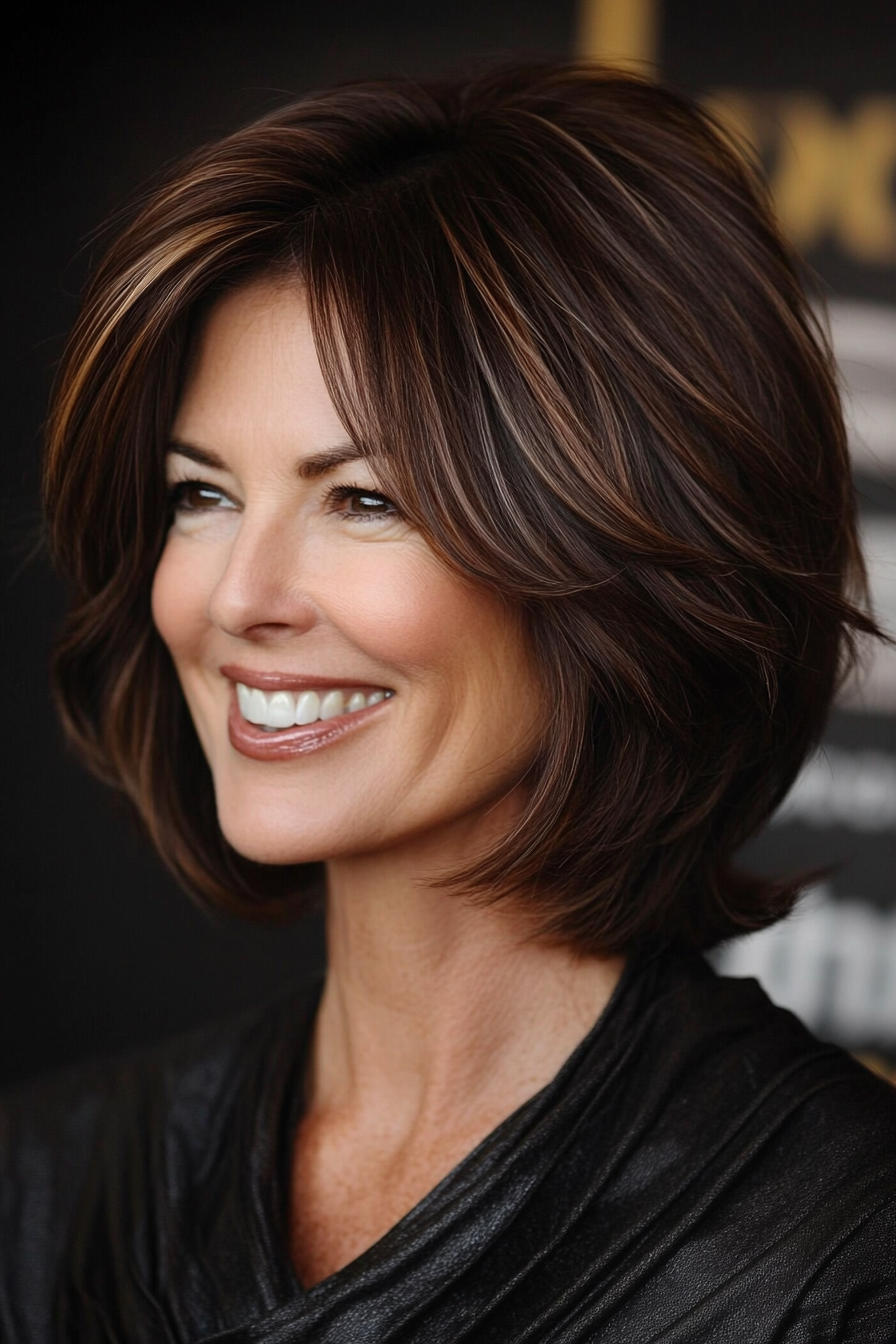 19. Layered Bob with Highlights in Dark Chocolate Brown (Medium Length Hairstyles For Older Women) - Medium Length Hairstyles For Older Women