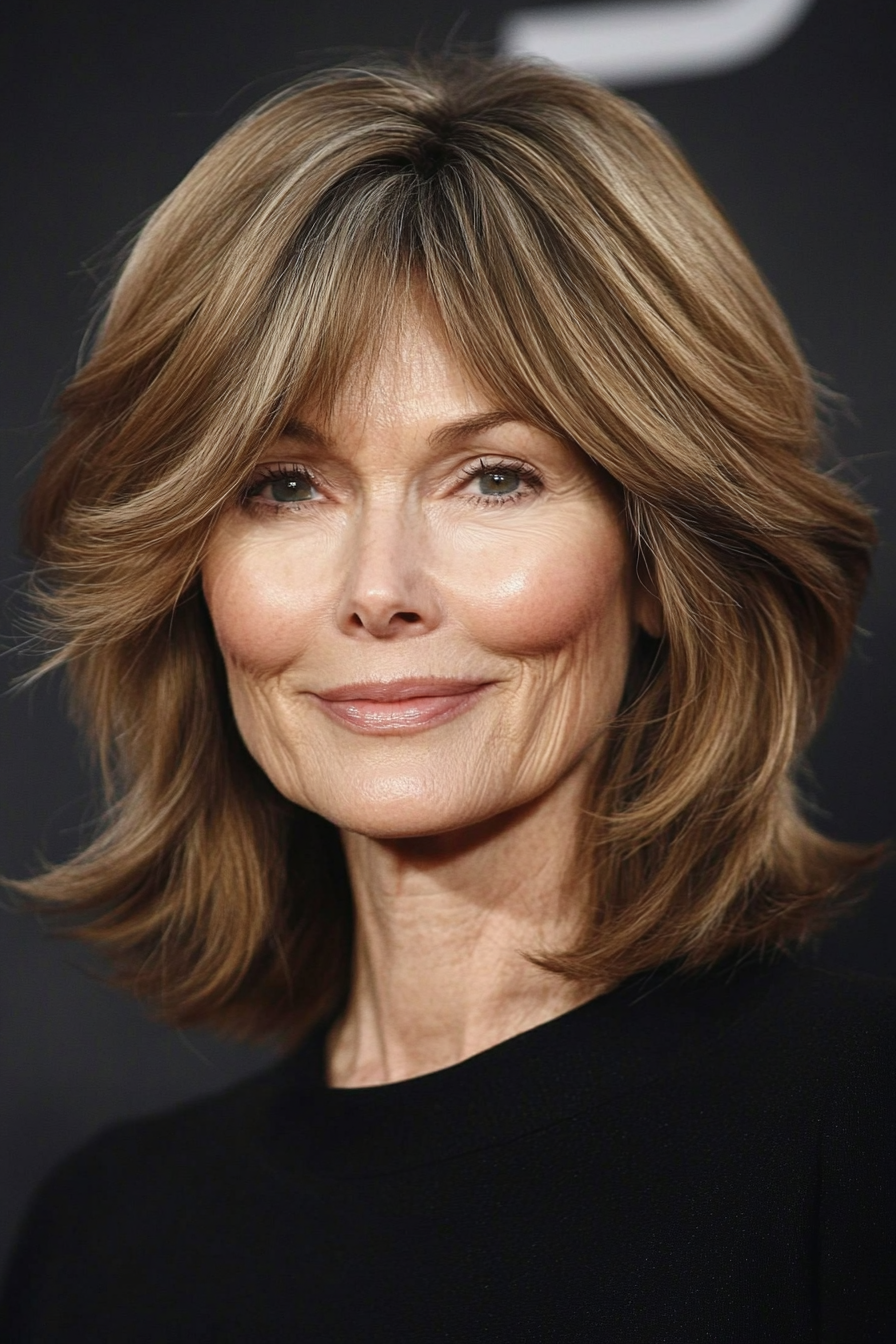 21. Feathered Bob with No Bangs in Sandy Brown (Medium Length Hairstyles For Older Women) - Medium Length Hairstyles For Older Women