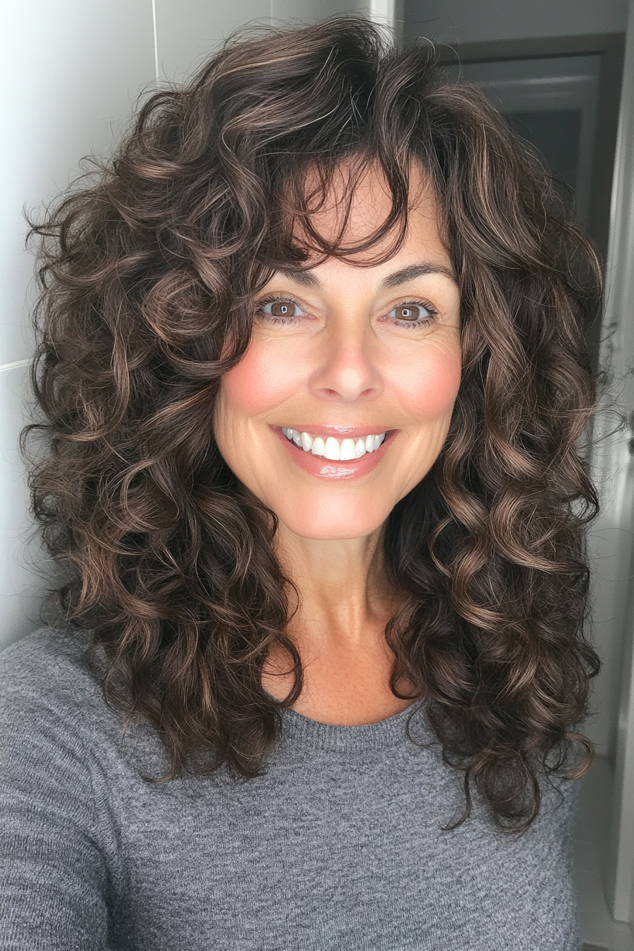 22. Curly Lob with Layered Bangs in Deep Brown (Medium Length Hairstyles For Older Women) - Medium Length Hairstyles For Older Women