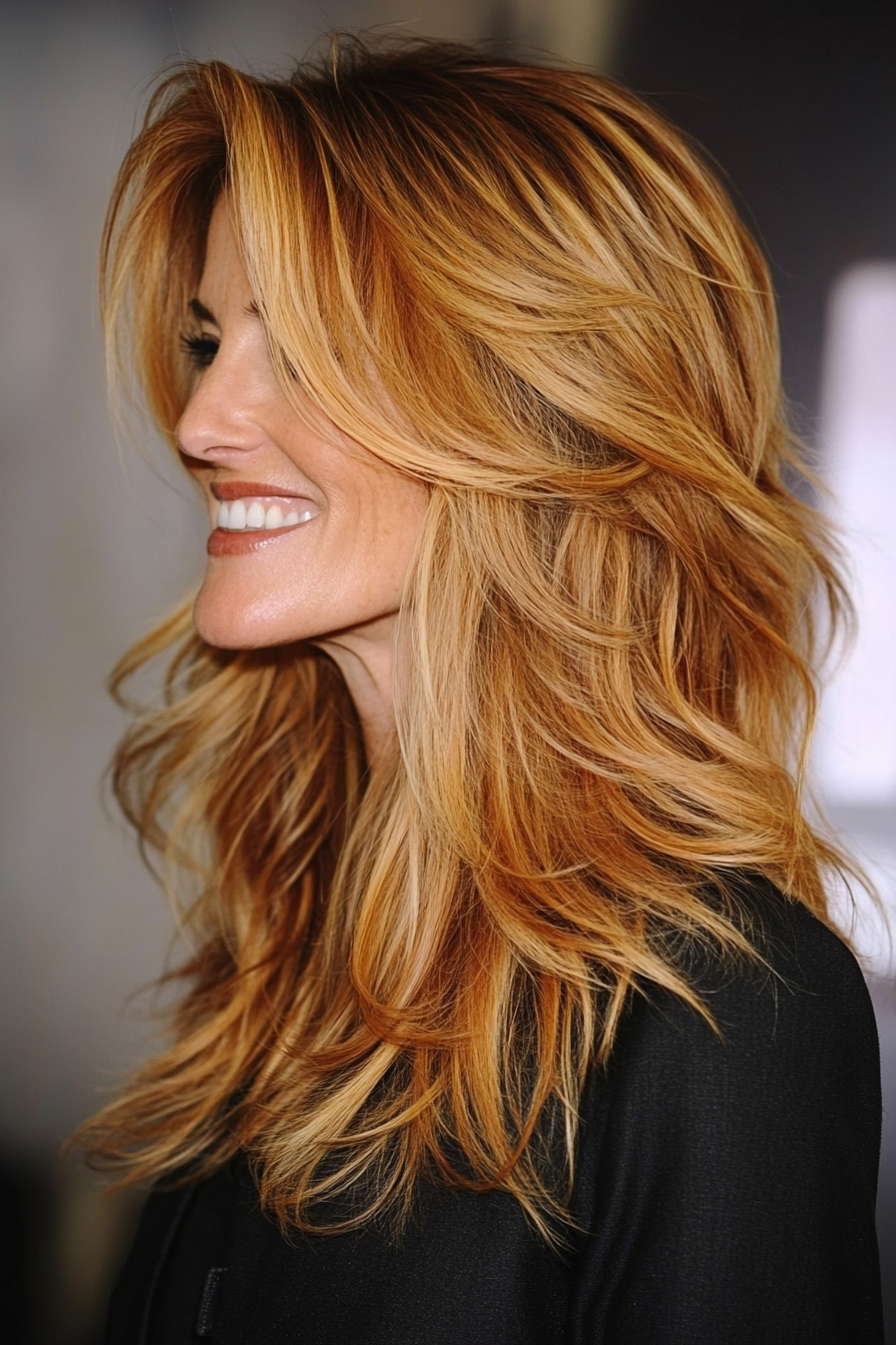24. Textured Waves with Long Layers in Strawberry Blonde (Medium Length Hairstyles For Older Women) - Medium Length Hairstyles For Older Women