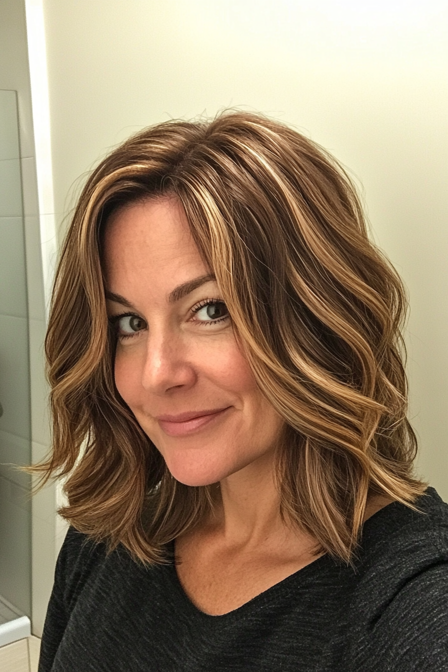 27. Wavy Lob with Face-Framing Highlights in Chestnut Brown (Medium Length Hairstyles For Older Women) - Medium Length Hairstyles For Older Women