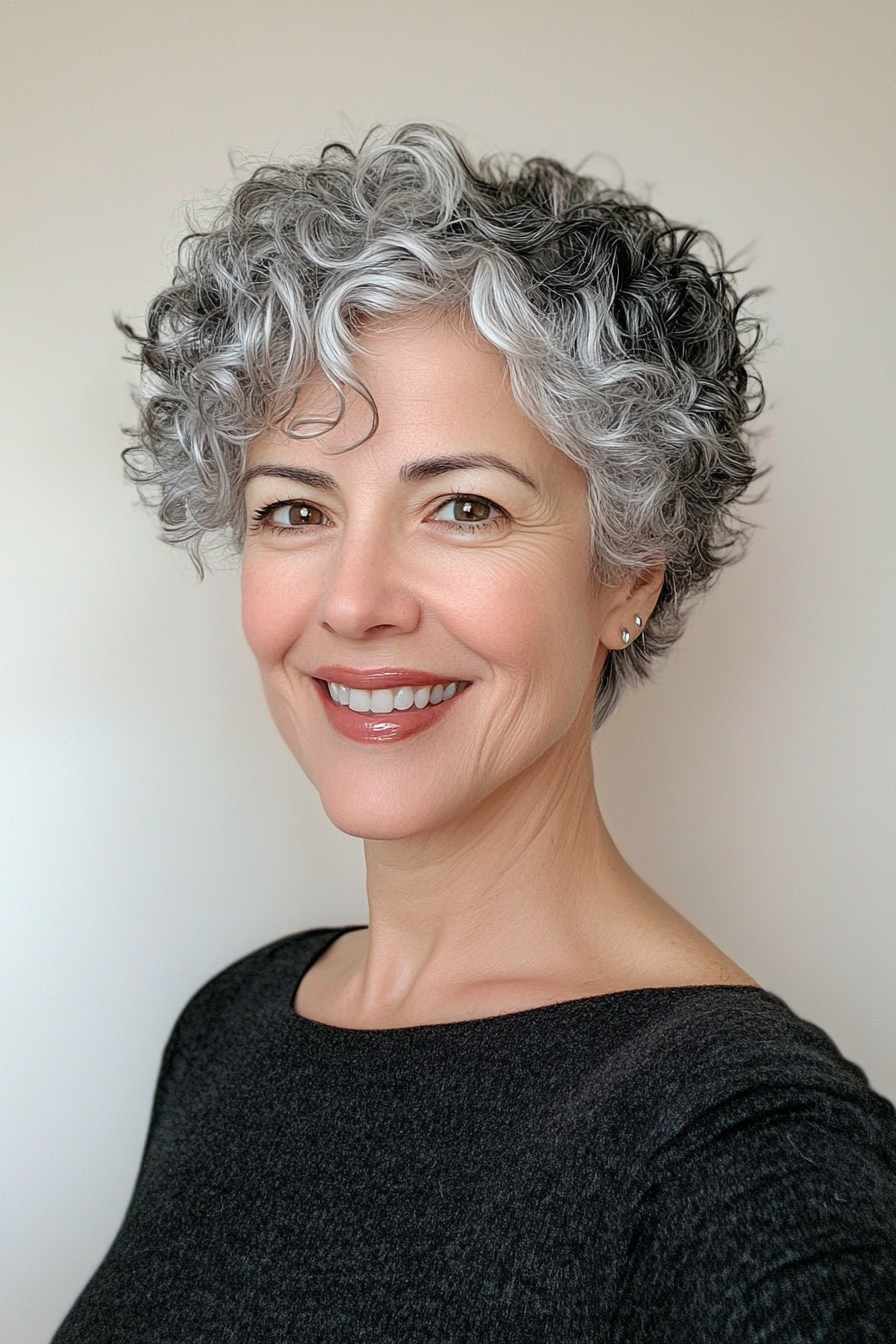 1. Soft Curly Pixie in Salt and Pepper (Short Curly Hairstyles For Older Women) - Short Curly Hairstyles For Older Women