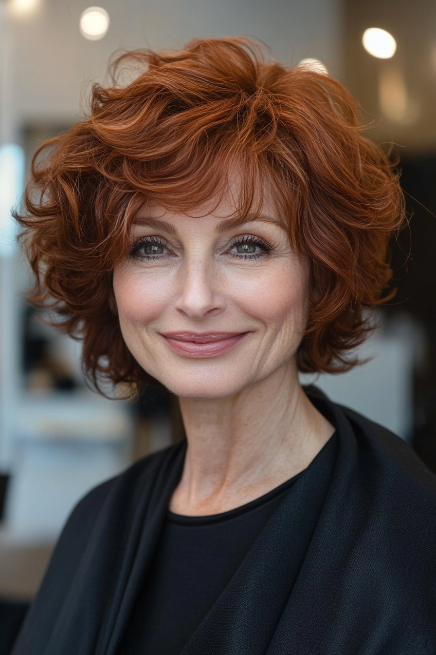2. Layered Curly Bob in Warm Chestnut (Short Curly Hairstyles For Older Women) - Short Curly Hairstyles For Older Women