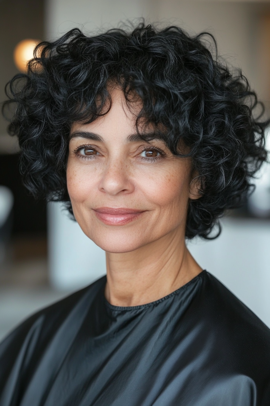 5. Side-Parted Curly Bob in Natural Black (Short Curly Hairstyles For Older Women) - Short Curly Hairstyles For Older Women