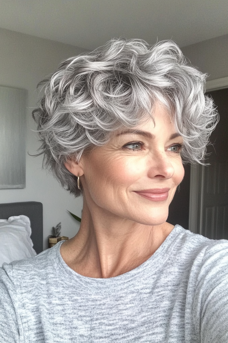 6. Textured Pixie Cut in Cool Silver (Short Curly Hairstyles For Older Women) - Short Curly Hairstyles For Older Women