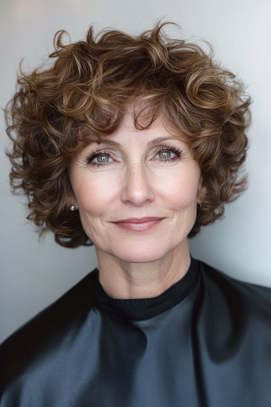 7. Ear-Length Curly Bob in Warm Honey Brown (Short Curly Hairstyles For Older Women) - Short Curly Hairstyles For Older Women