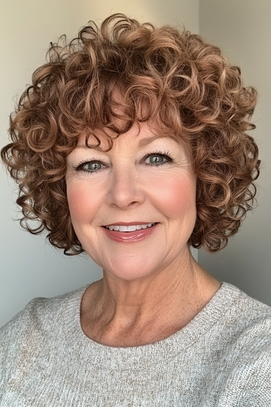 10. Feathered Curls in Deep Mahogany (Short Curly Hairstyles For Older Women) - Short Curly Hairstyles For Older Women