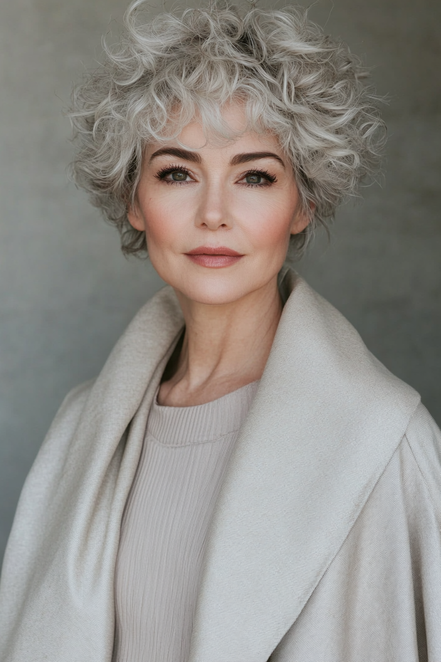 12. Messy Curly Pixie in Ash Blonde (Short Curly Hairstyles For Older Women) - Short Curly Hairstyles For Older Women