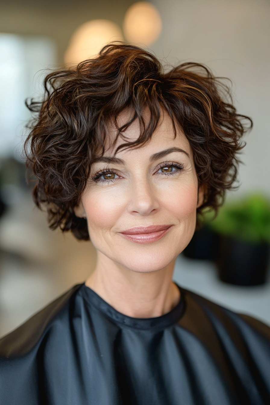 13. Asymmetrical Curly Crop in Dark Chocolate Brown (Short Curly Hairstyles For Older Women) - Short Curly Hairstyles For Older Women