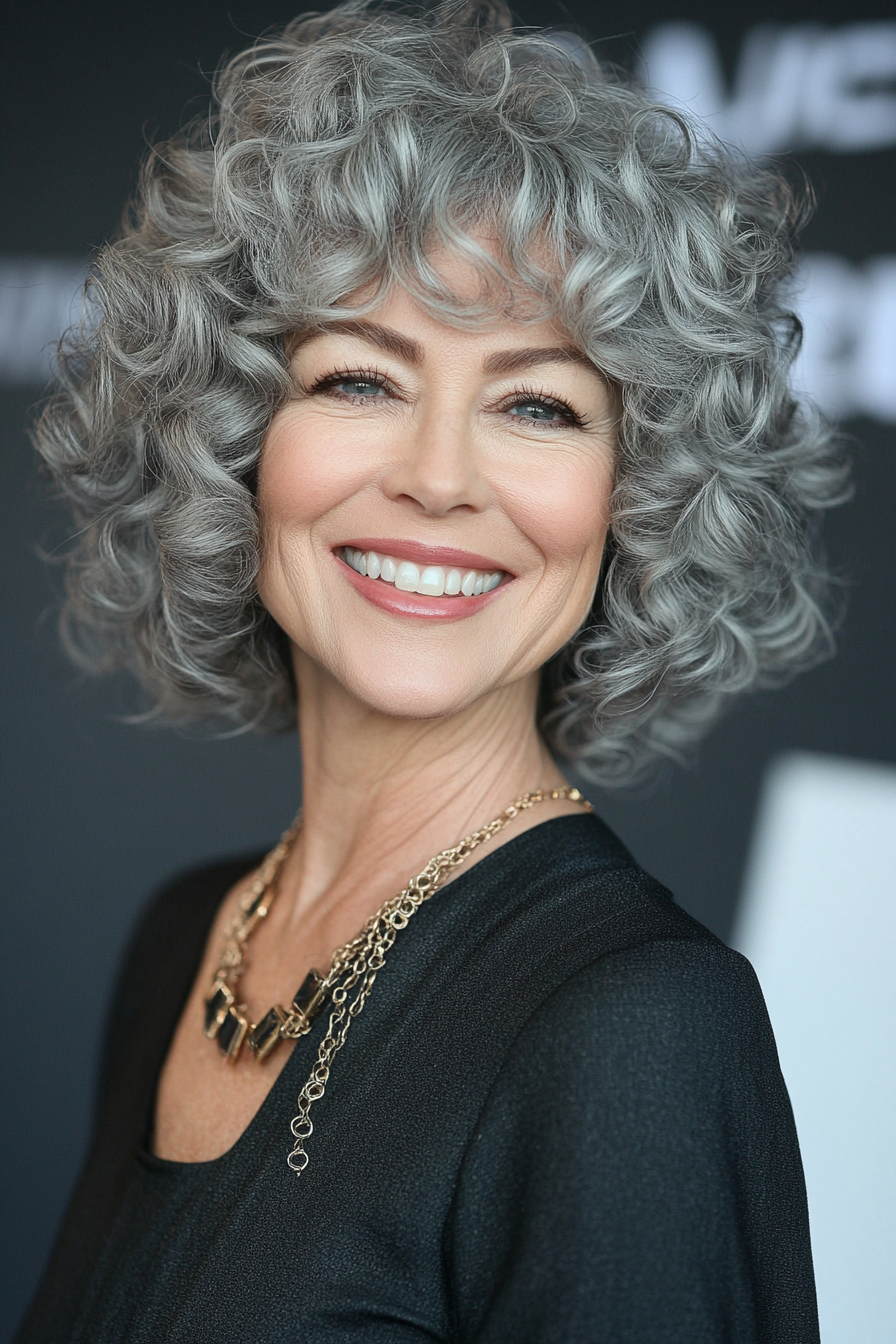 14. Curly Bob with Bangs in Natural Gray Blend (Short Curly Hairstyles For Older Women) - Short Curly Hairstyles For Older Women
