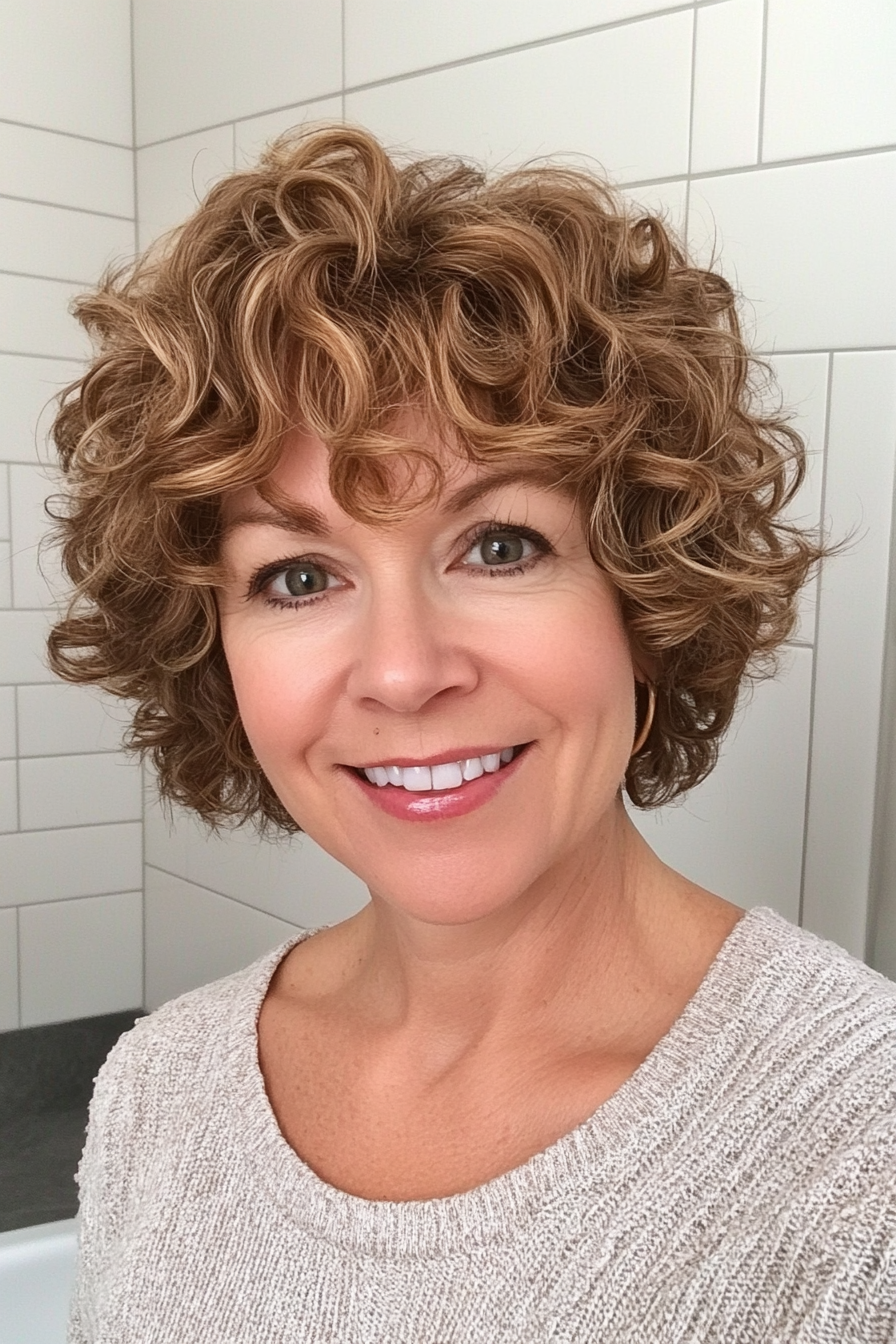 15. Short Curly Shag in Light Golden Brown (Short Curly Hairstyles For Older Women) - Short Curly Hairstyles For Older Women
