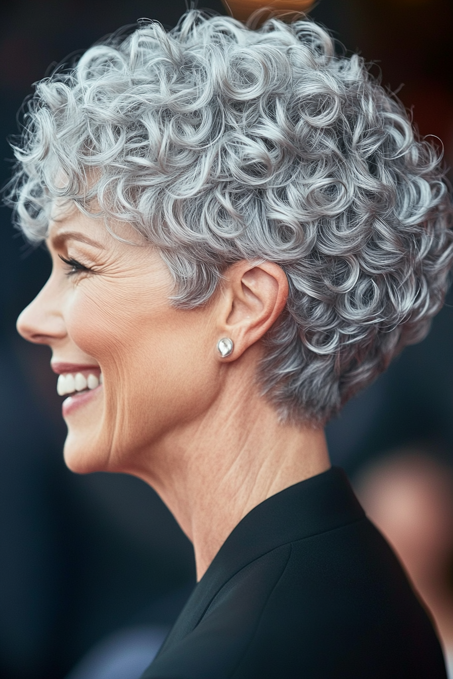 19. Cropped Curly Cut in Cool Platinum Silver (Short Curly Hairstyles For Older Women) - Short Curly Hairstyles For Older Women
