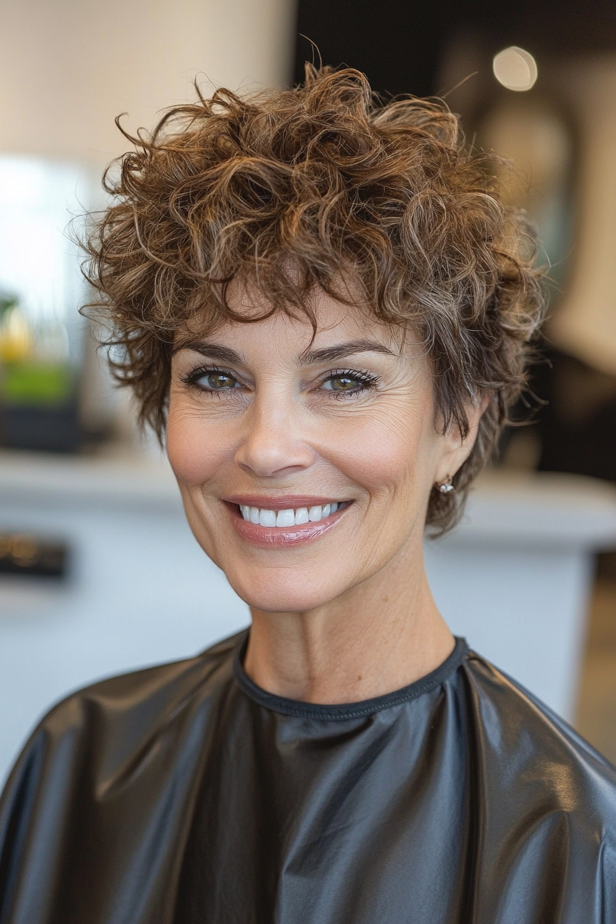 20. Soft Wavy Pixie in Medium Warm Brown (Short Curly Hairstyles For Older Women) - Short Curly Hairstyles For Older Women