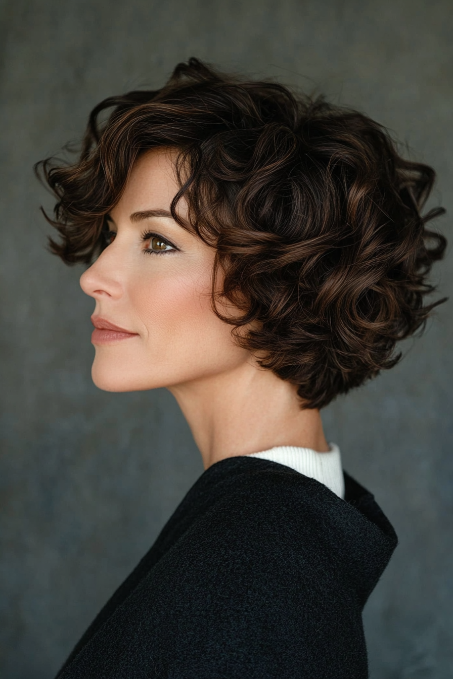 23. Side-Swept Curly Bob in Dark Ash Brown (Short Curly Hairstyles For Older Women) - Short Curly Hairstyles For Older Women