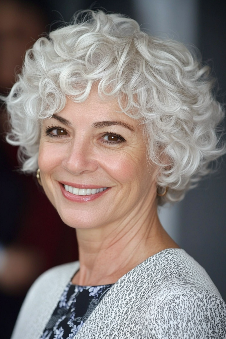 25. Sculpted Short Curls in Natural White (Short Curly Hairstyles For Older Women) - Short Curly Hairstyles For Older Women