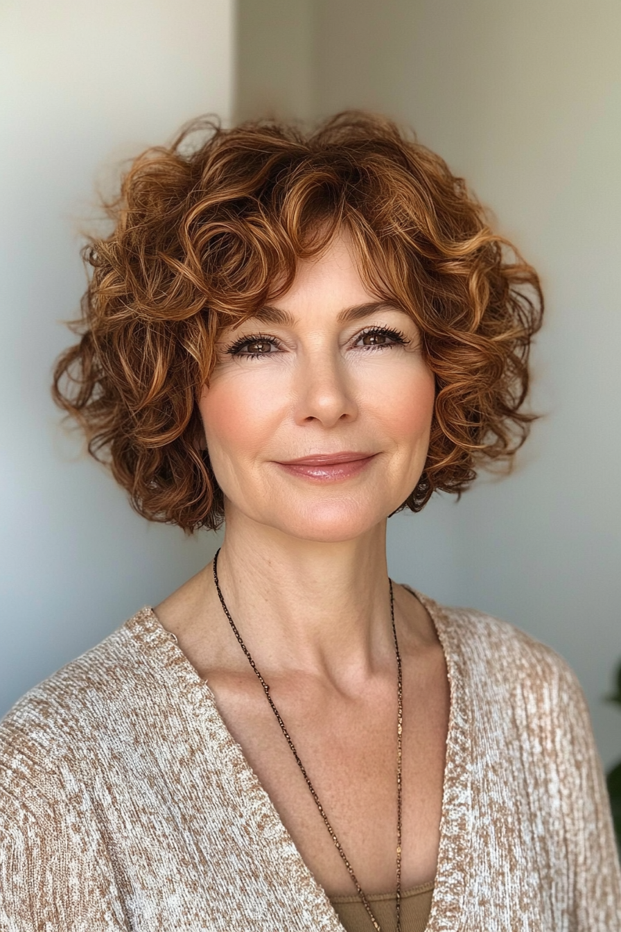 26. Textured Bob in Warm Copper Brown (Short Curly Hairstyles For Older Women) - Short Curly Hairstyles For Older Women