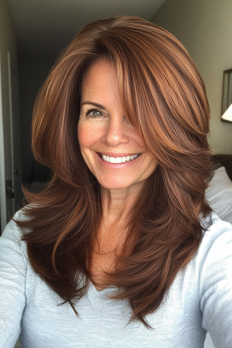 5. Layered Shoulder-Length Cut in Chestnut Brown (Best Haircuts For Women Over 60) - Best Haircuts For Women Over 60