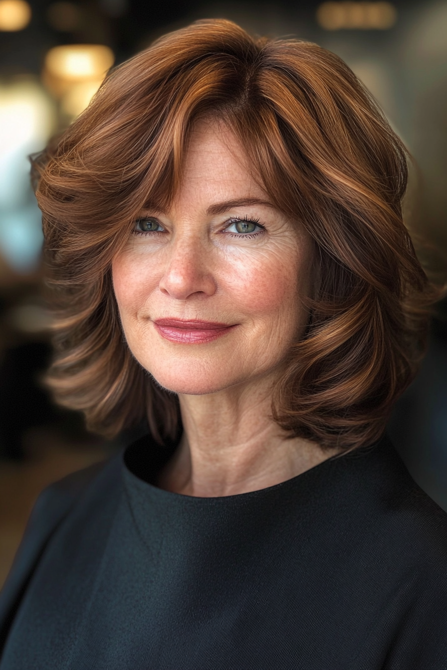 8. Wavy Mid-Length Cut in Auburn Brown (Best Haircuts For Women Over 60) - Best Haircuts For Women Over 60