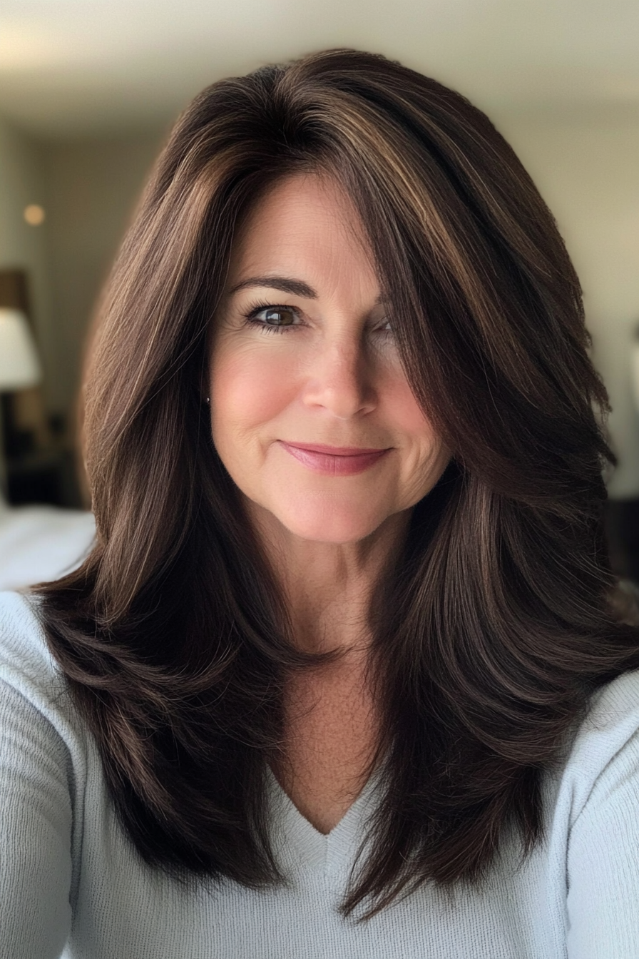 13. Long Layered Cut in Dark Chestnut (Best Haircuts For Women Over 60) - Best Haircuts For Women Over 60