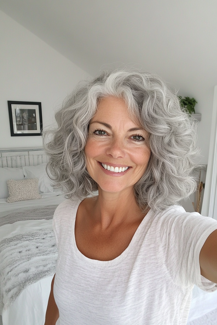 14. Curly Bob in Silver Gray (Best Haircuts For Women Over 60) - Best Haircuts For Women Over 60